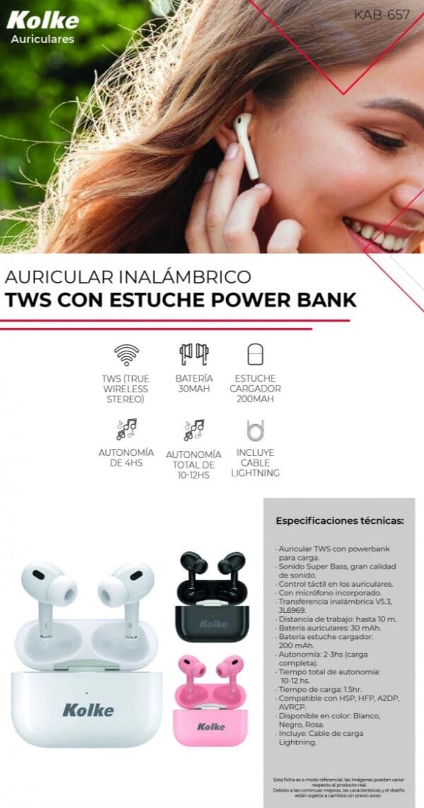 Auricular TWS Kolke con estuche cargador KAB-657 – Blanco - Imagen 2